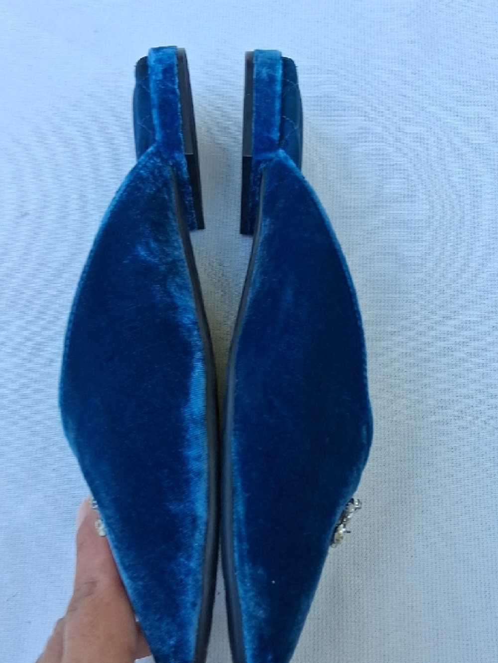 Birdies Deep Blue Velvet Crystal-Embellished Pointed Mules - Picture 5 of 16